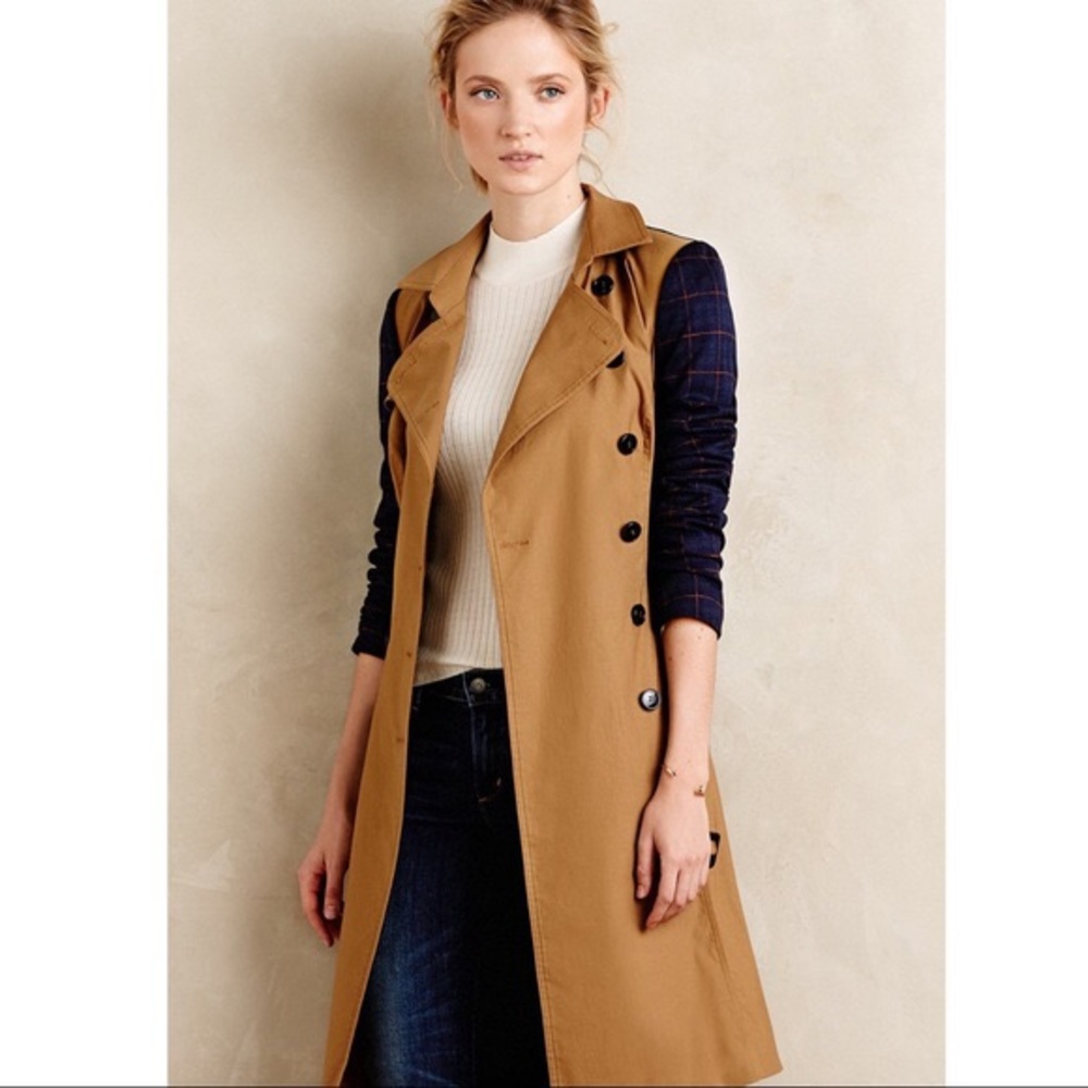 Harlyn tan and blue plaid trench coat